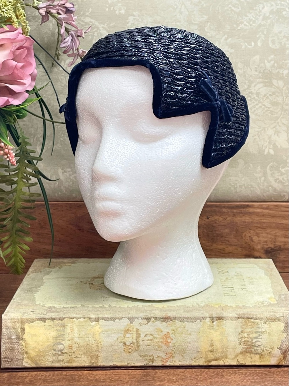 Vintage 1960s Betmar Navy Blue Cello Straw Bubble Hat Mod Velvet Trim Cloche Cap